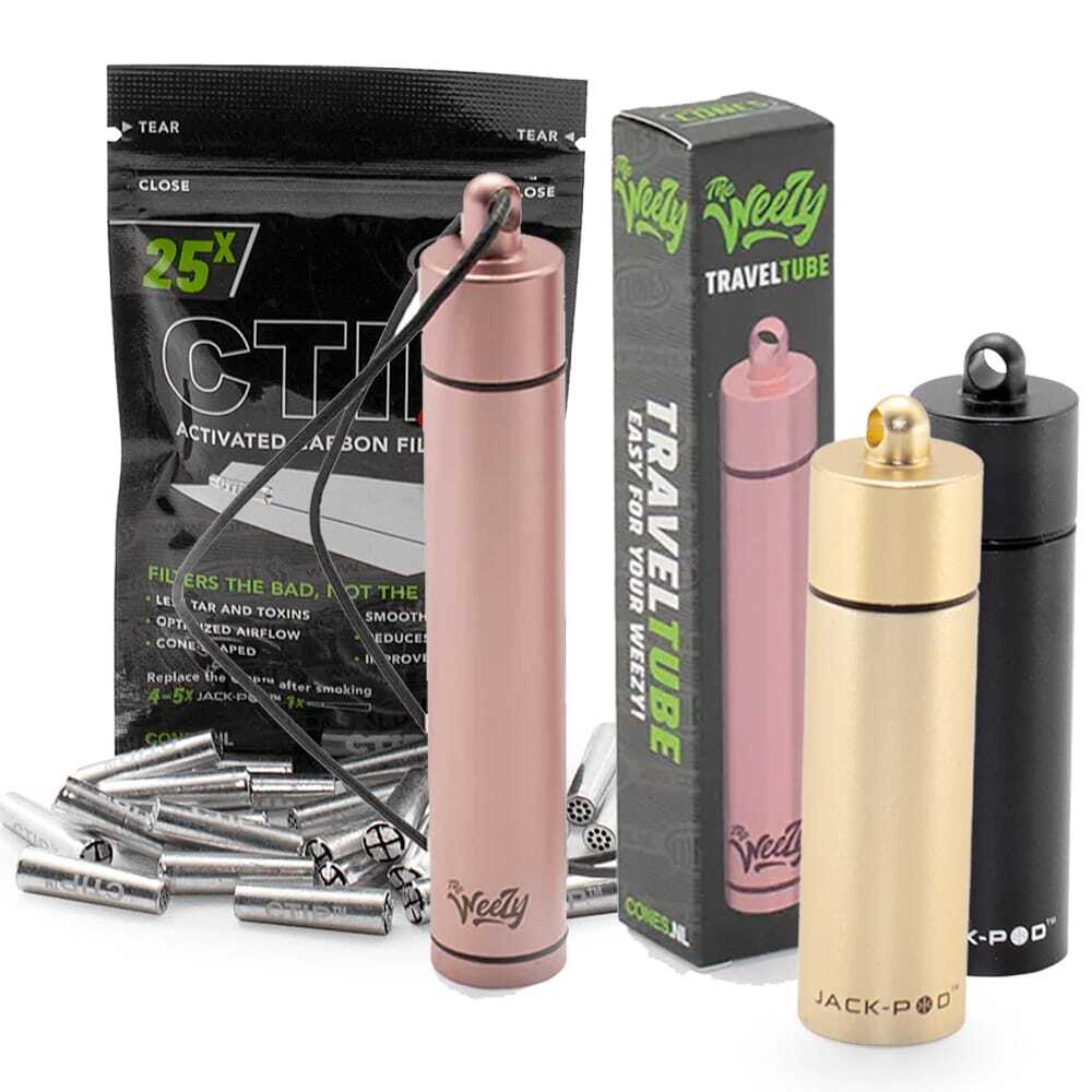 The Weezy Zubehör: - Weezy Travel Tube( 3 Farben) - Weezy Stash Tube (3 Farben) - Weezy Stash Tube befüllt mit 4 - Dosierkapseln (Jack-Pods) - C-Tips