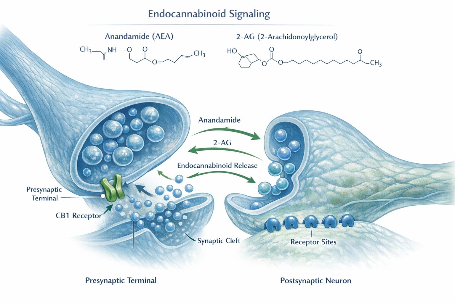 Neuron-Synapse zeigt Endocannabinoid-Signalisierung mit Anandamid und CB1-Rezeptor
