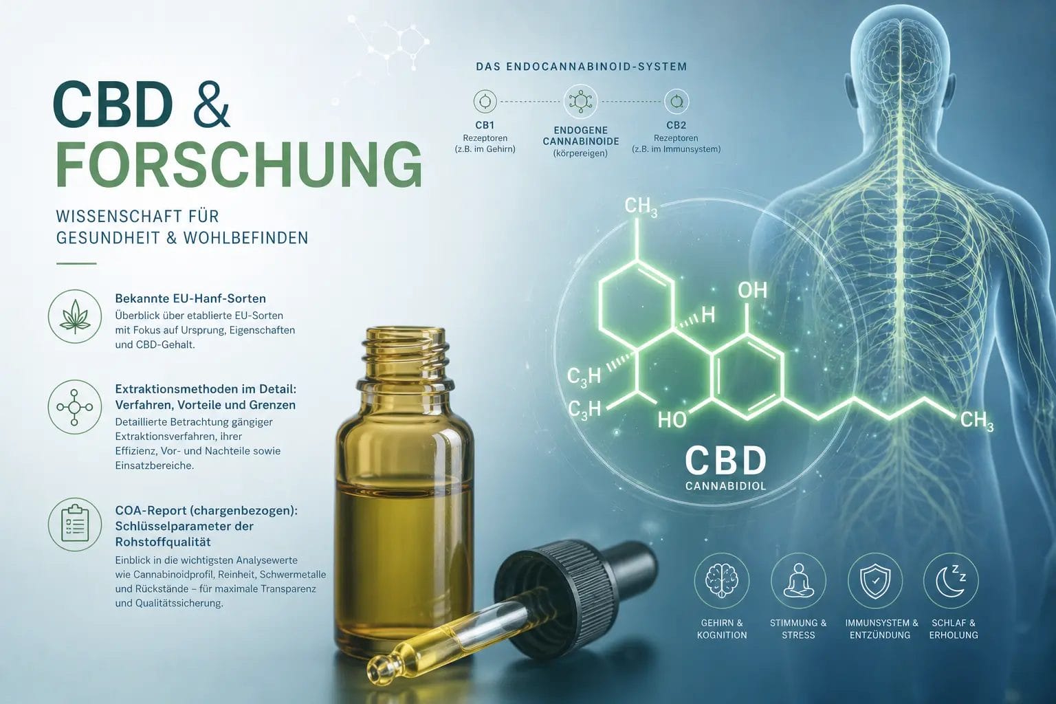 CBD-Öl Qualität – Pipette und unlabeled Glasfläschchen vor neutralem Hintergrund; Infografik-Elemente zu Endocannabinoid-System, Extraktionsmethoden, EU‑Nutzhanf und COA‑Laborberichten; sachlich, ohne Marken.