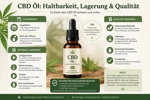 Braune CBD-Öl-Flasche mit Pipette auf Holz, umgeben von Hanfblatt, Sanduhr und Verpackung; Symbolik für Lagerung im Dunkeln und stabile Temperatur – Thema CBD Öl Haltbarkeit.