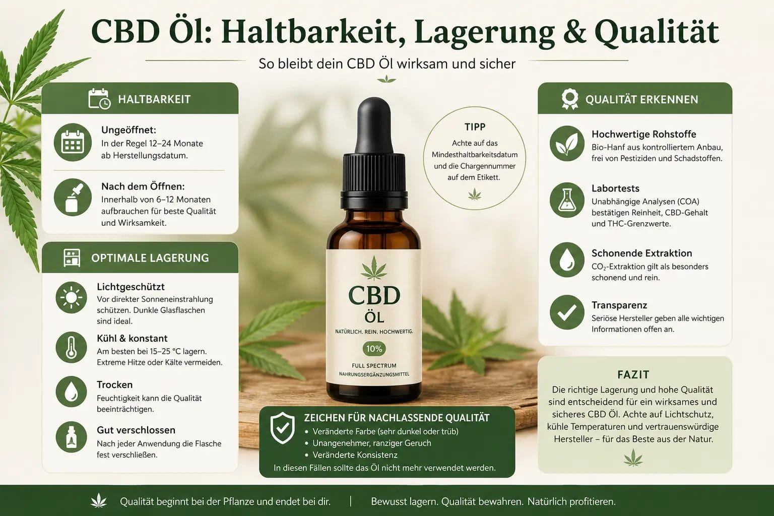 Braune CBD-Öl-Flasche mit Pipette auf Holz, umgeben von Hanfblatt, Sanduhr und Verpackung; Symbolik für Lagerung im Dunkeln und stabile Temperatur – Thema CBD Öl Haltbarkeit.