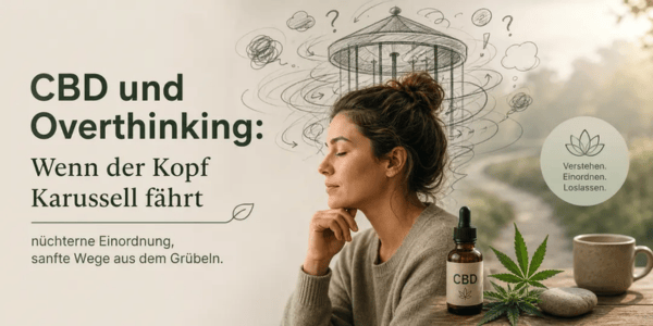 Frau in ruhiger Naturatmosphäre mit CBD-Öl und Hanfblatt; gezeichnete Gedankenwolken und Karussell symbolisieren Overthinking – Thema: CBD und Grübeln, Wege zu mehr Ruhe