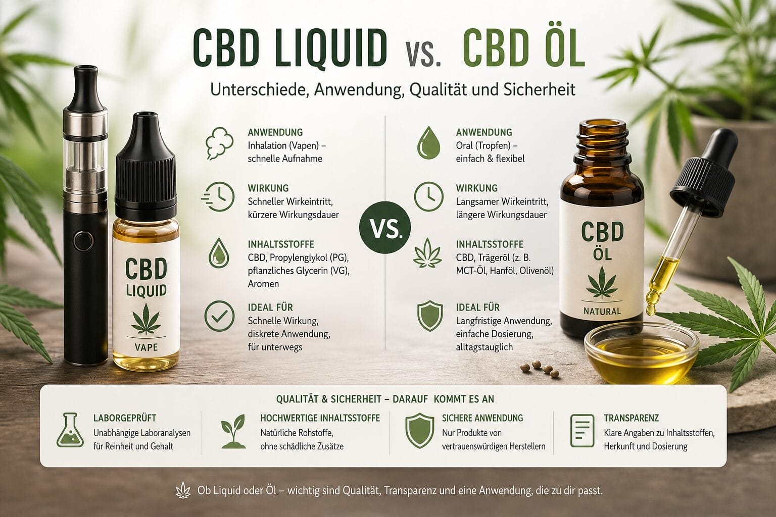 ergleichsgrafik „CBD Liquid vs. CBD Öl“: Links E‑Zigarette und Flasche „CBD Liquid“, rechts Braunglasflasche „CBD Öl“ mit Pipette; zentrale Stichpunkte zu Anwendung, Wirkung, Inhaltsstoffen und Eignung; unten Hinweise zu Laborprüfung, hochwertigen Inhaltsstoffen, sicherer Anwendung und Transparenz, umgeben von Hanfblättern.