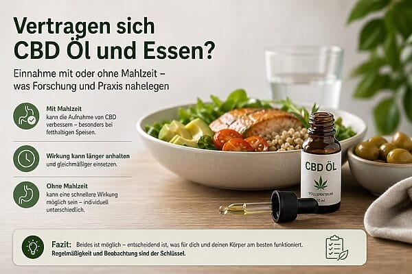 Kleine bernsteinfarbene CBD-Ölflasche mit Pipette vor einer Schüssel ausgewogener, moderat-fettiger Mahlzeit (Lachs, Avocado, Tomaten, Getreide), Icons und Stichpunkte erklären „mit Mahlzeit“ vs. „ohne Mahlzeit“ und ein Fazit zur regelmäßigen, beobachteten Einnahme.