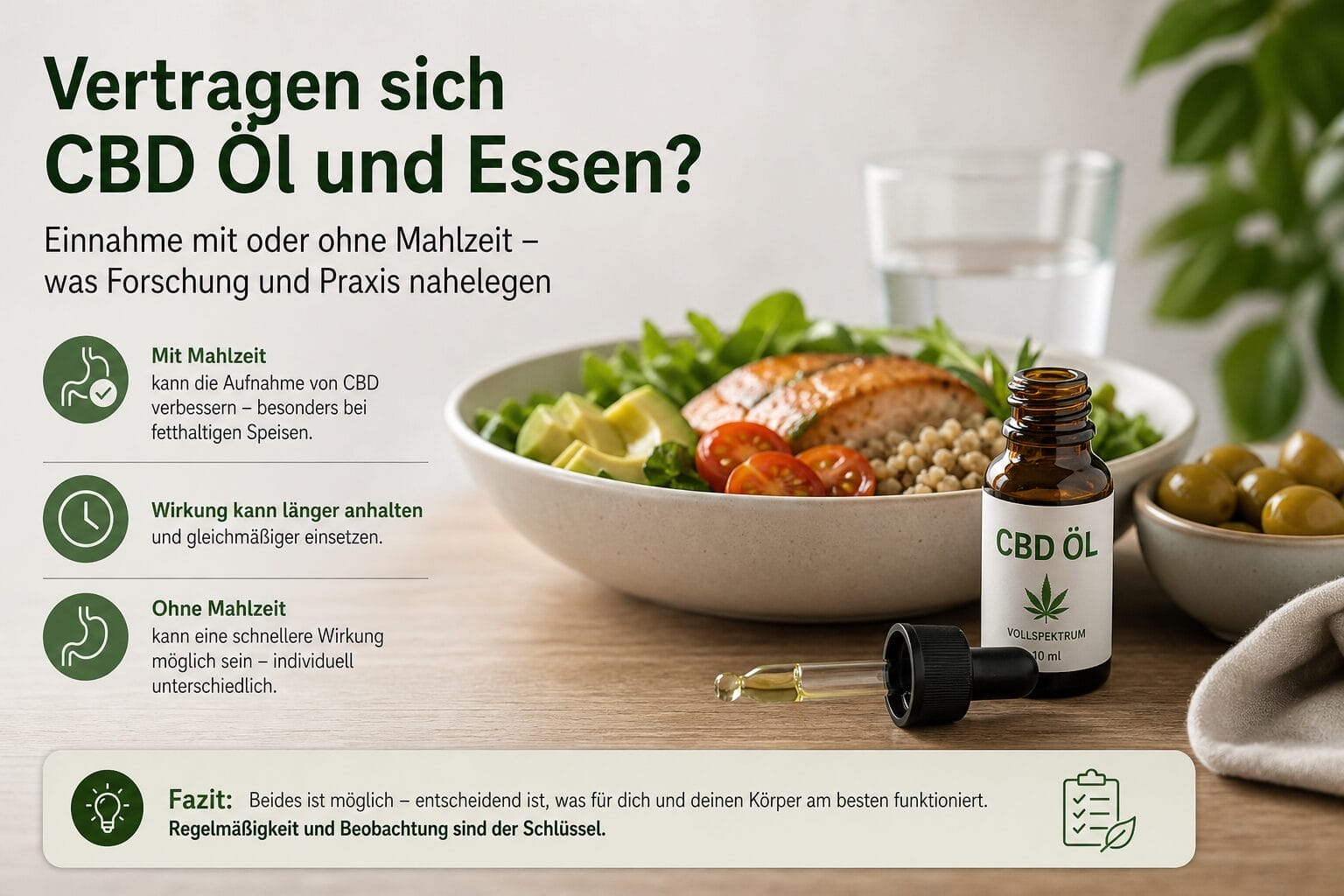 Kleine bernsteinfarbene CBD-Ölflasche mit Pipette vor einer Schüssel ausgewogener, moderat-fettiger Mahlzeit (Lachs, Avocado, Tomaten, Getreide), Icons und Stichpunkte erklären „mit Mahlzeit“ vs. „ohne Mahlzeit“ und ein Fazit zur regelmäßigen, beobachteten Einnahme.
