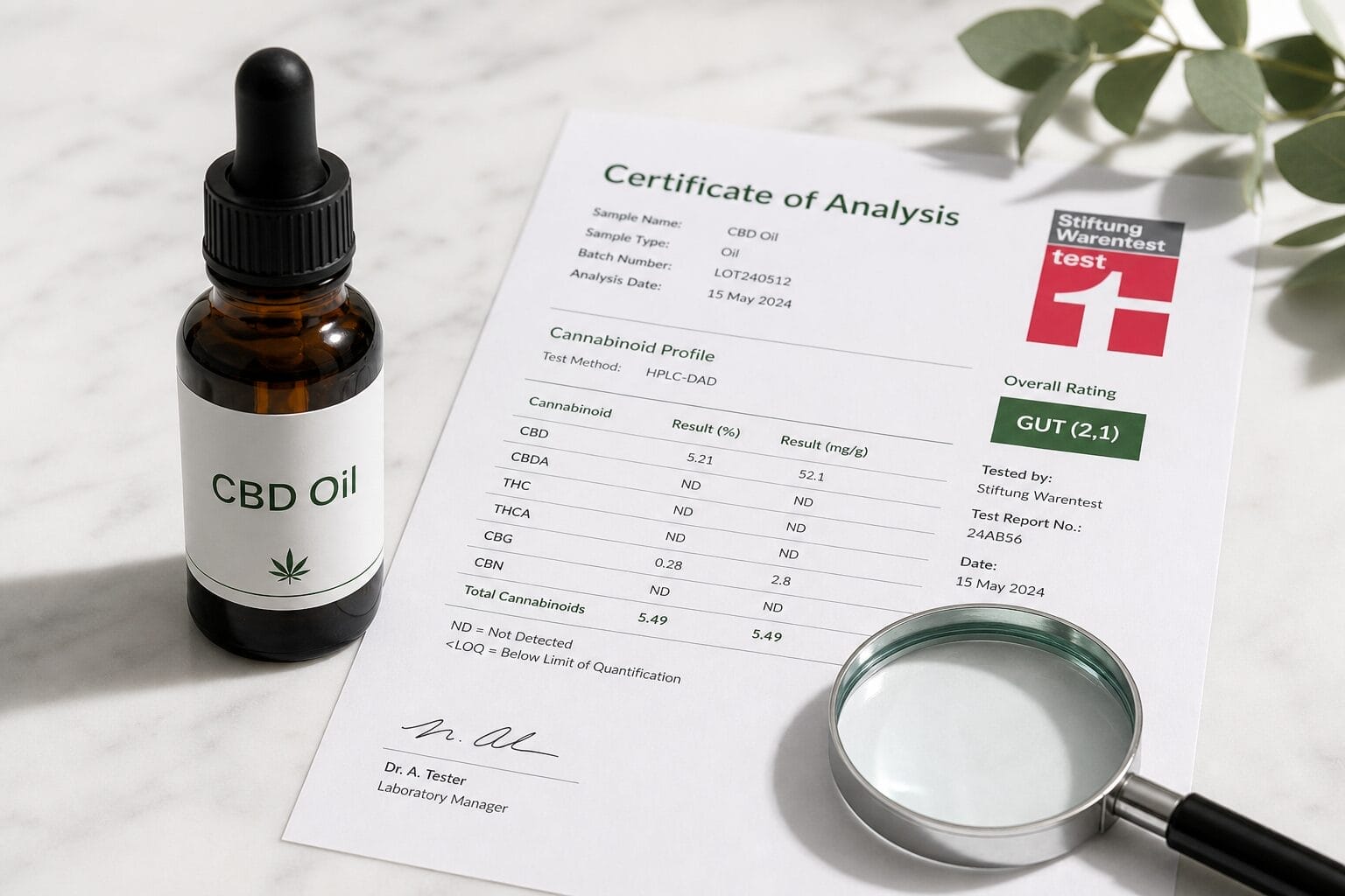 Braune Pipettenflasche „CBD Oil“ neben Zertifikat/Certificate of Analysis mit Lupe auf Marmor; Fokus auf Qualitätsprüfung und neutralem Testergebnis